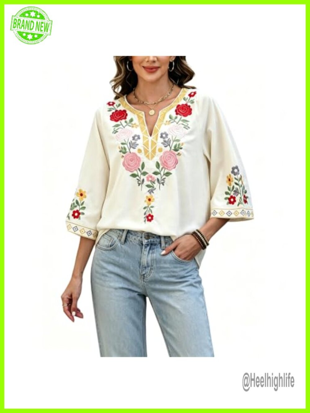 Cotton Embroidered Peasant Tunic Top 3/4 Sleeve Boho Blouse